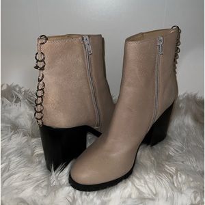Katy Perry tan bootie with silver hoop detail